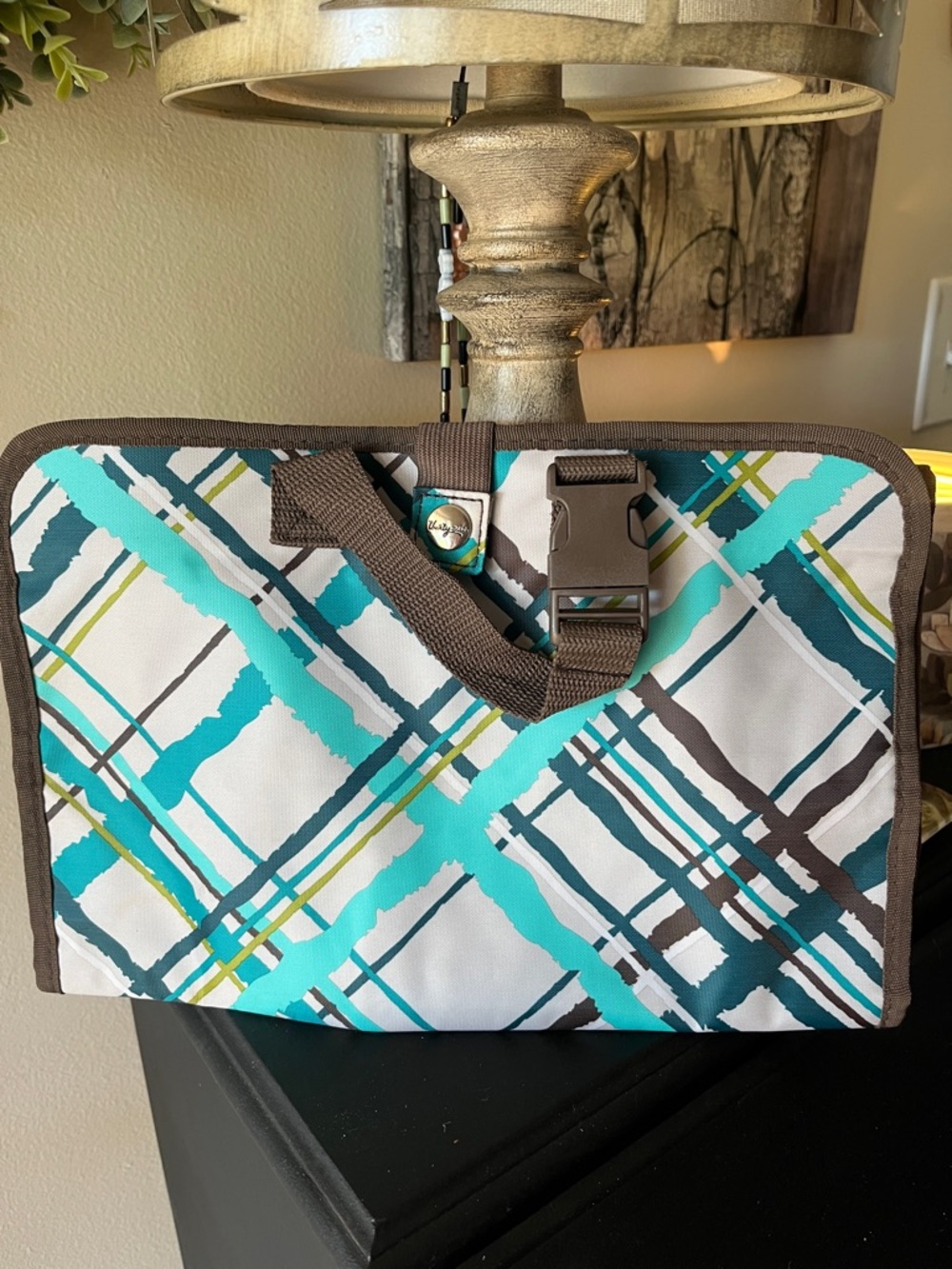 Thirty-One NWOT Teal Clear Pocket Travel Organizer Brown Trim Discontinued